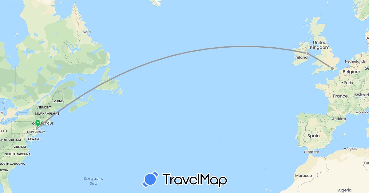 TravelMap itinerary: driving, bus, plane in United Kingdom, Ireland, United States (Europe, North America)