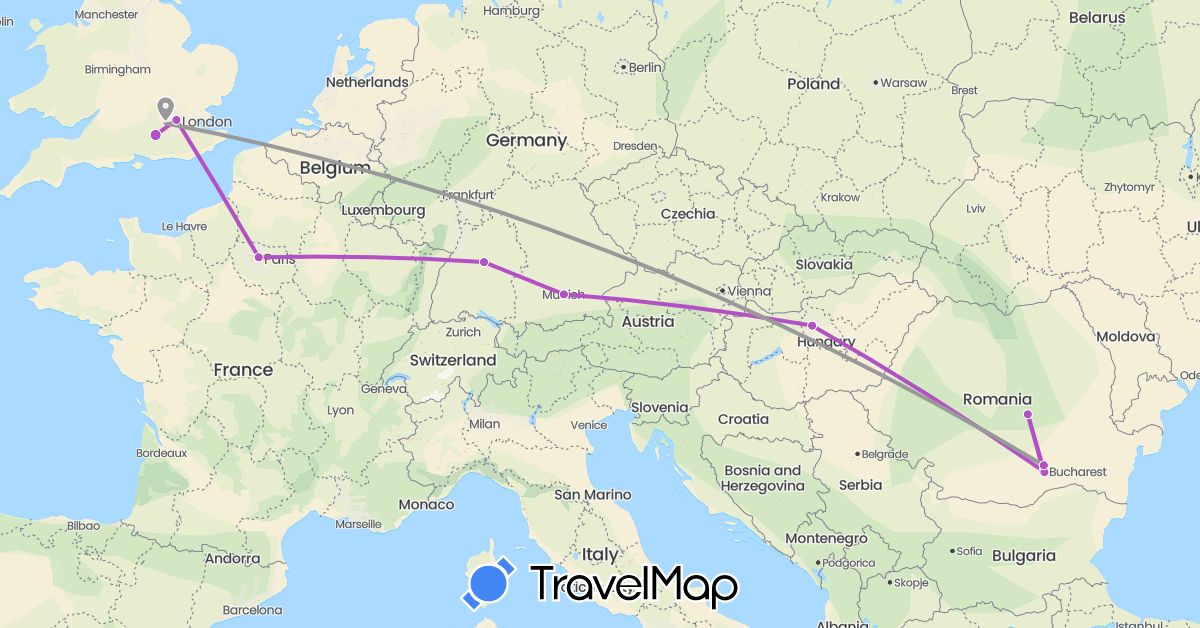 TravelMap itinerary: driving, plane, train in Germany, France, United Kingdom, Hungary, Romania (Europe)